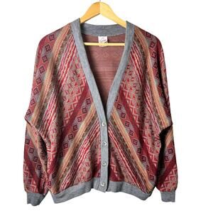 Vintage Graff Sweater Women’s Large Geometric Pattern Cardigan Dolman Sleeve 80s